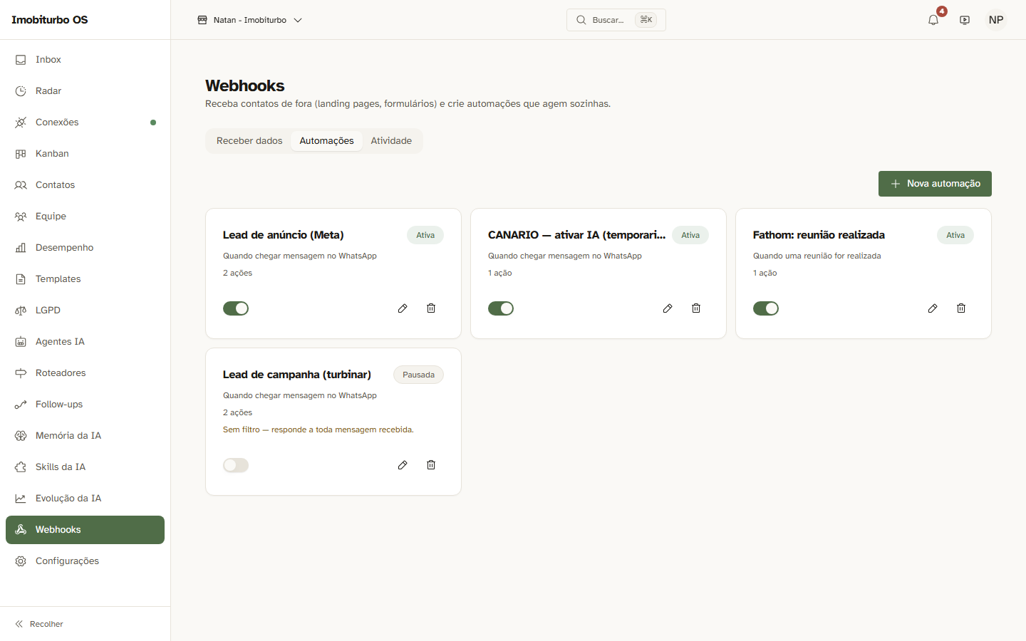 Regras de Automação (aba Automações)