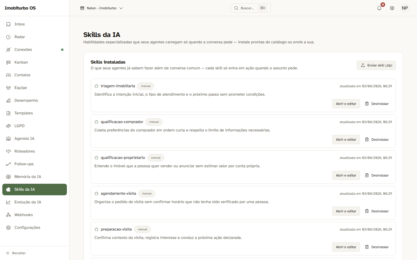 Skills da IA instaladas e catálogo